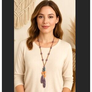 J. Jill Cluster Necklace Amethyst Sodalite Jade Beaded Suede Cord Overcast Skies
